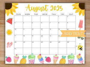 EDITABLE August 2026 Calendar, Printable Calendar School Calendar, Kids Classroom Calendar, Sunflower Calendar, Cute Summer Planner - Etsy