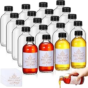 20 Pcs 8 oz Glass Syrup Bottles Boston Round Sample Bottles with Plastic Lids and Maple Syrup Stickers, Clear Empty Vanilla Extract Small Reusable Glass Jars for Milk Juice Sauce