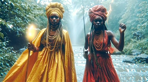 Sisterhood is thunder and honey side by side. Osun glows in gold, Oya burns in red, and together they stride through the forest like balance itself. Beauty and storm. Softness and upheaval. To walk with sisters is to know you are never one thing alone. Who is the Oya to your Osun? | Rise of the Orisha