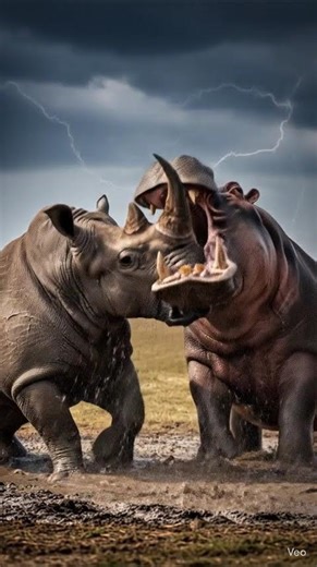 💥🦛🦏 Ultimate Collision – Hippo vs Rhino Head-On Clash!