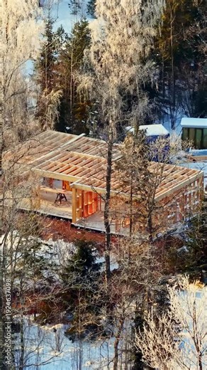 Timber Frame Building Under Construction In The Rural Area In Winter. - aerial vertical shot