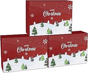 Christmas Gift Boxes with Lids 3 Pack, 9x7x3.7 Inches Luxury Xmas Eve Gift Box with Ribbon Gift Card Envelope Tag, Collapsible Red Gift Boxes with Magnetic Closure for Presents Wrapping Gifts