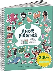 Cupkin Pirate Sticker Book Activity for Kids, Toddler Airplane Travel Essentials, 300+ Pirate Stickers for Kids + 8 Scenes + 8 Coloring Book Pages, Gift for Boys and Girls, Small Sticker Book