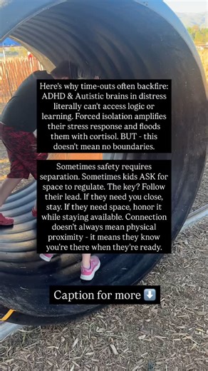 I have this conversation with parents a lot: Time-outs aren’t one-size-fits-all, especially for our ADHD & Autistic kids. Yes, forced isolation when they’re dysregulated usually backfires. Their brains literally can’t learn lessons when flooded with stress hormones. BUT (and this is a big but) - sometimes boundaries mean physical separation for safety. Sometimes our kids actually ASK for space to process. And you know what? That’s not the same as punitive time-outs. (Some people call them time i