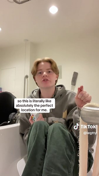 Infinite appreciation to the occupational therapists who have helped me over the years learn and develop methods and preferences that make these things easier for me. When i first left the hospital last year I was struggling to wash once a week due to the high effort and fatigue resulting from my inaccessible facilities. I can now bathe pretty much every day if i want to - energy is no longer my barrier. VD: letty is a young white androgynous person with short blonde hair. They are sat in a blac