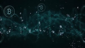 Premium stock video - Bitcoin symbols and blockchain network animation over digital background with floating particles