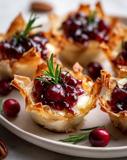 🧀 Camembert & Cranberry Phyllo Cups Full recipe’s hiding in the (𝐂.𝐌.𝐍.𝐓) 👇 Flaky cups filled with molten cheese and jeweled cranberry — bite-sized holiday magic. Ingredients Phyllo Shells 12 mini phyllo cups (store-bought or homemade) 🥮 1 tbsp melted butter (for brushing) 🧈 .... Why You’ll Love It Sweet-tart cranberries creamy cheese = festive perfection. Crispy, melty, tangy — the ultimate holiday appetizer. Creative Variation 🍯 Add a drizzle of honey before serving for a sweet-savory