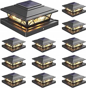 Post Cap Lights Outdoor 12pack, Black Deck Fence Post Lights Solar Powered with 16LEDS 2 Lighting Modes, 4x4/5x5/6x6 Waterproof Fence Post Solar Lights for Garden Patio Porch Backyard