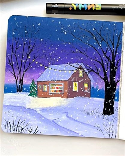 Cozy Christmas Night Painting ❄️🎄 | Winter Wonderland Art