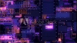 Printed circuit board. Visualization of advanced technology concept: PCB processor microchip, digitization of neural networks and cloud computing. Digital lines transmit data. Electronic computer