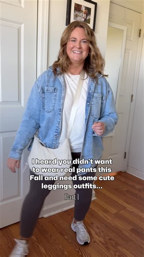 Save this for when you need an easy leggings outfit idea! Last year I did a little series of “no pants outfits” and you guys loved them! I’m not sure how many I’ll do this year but will definitely do a few more (or maybe a reel with multiple options in a reel too!) Either way, this is one of my favorite options for a comfy leggings outfit so it needed its own reel. Throw on an oversized denim shirt & you’re good to go! Outfit options: 🤍 wear black leggings instead of brown 🤍 swap clogs for sne