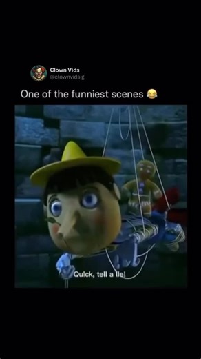 @clownvids on Instagram: "This clip is from the movie Shrek 2 (2004), specifically during the scene where Pinocchio, Gingerbread Man, and other fairy tale characters are trying to rescue Shrek and Fiona from being imprisoned in Far Far Away Castle. They are bound by rope and suspended high in the air, trying to escape the Dragon. Pinocchio’s wooden nature is key to their escape plan, as his nose grows whenever he tells a lie, which can potentially break their bonds. The urgency and desperation o