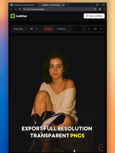 Need to remove image backgrounds instantly — without uploading your photos anywhere? Meet CutItOut — an open-source AI background remover that runs entirely in your browser. CutItOut uses the powerful U²-Net deep learning model, running via WebAssembly and ONNX, so your images never leave your device. #github #opensource