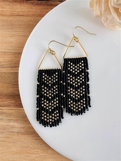 Seed Bead Fringe Earrings | Matte Black and Gold Miyuki Delica Beads - Etsy