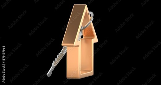 House keys and home outline rotation animation seamlessly loopable. 3D rendering isolated on transparent background