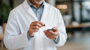 A biomedical engineer demonstrating a compact home diagnostic device, delivering instant health analytics through a tiny cartridge and smartphone app — personal health technology, portable