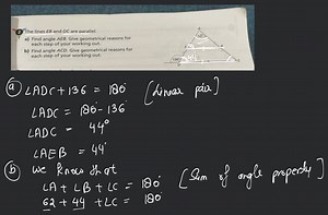 2) The lines EB and DC are parallel.a) Find angle AEB. Give ge... | Filo