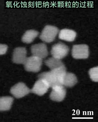 氧化蚀刻过程中溶解钯纳米颗粒的HAADF-STEM视频，展示了液相电池中聚集态钯纳米晶的氧化刻蚀过程。电子剂量率为282 e/Å2·s10.1021/nl500670q