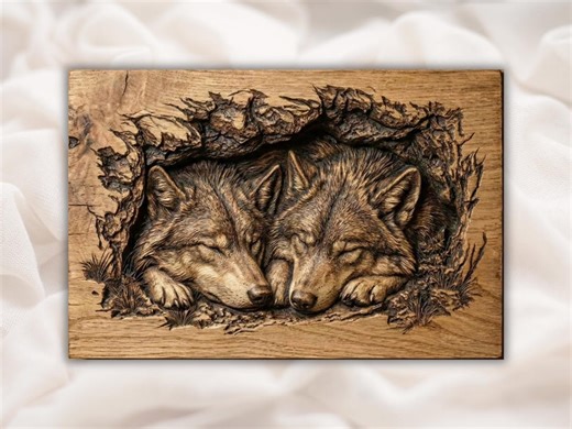 Sleeping Wolves 3D STL CNC Relief Panel | Wolf Couple Wood Carving Style | Rustic Cabin Lodge Wildlife Wall Art - Etsy