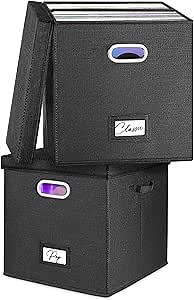 Vinyl Record Storage Box Set of 2 - for 100+ Single LPs (12-Inch), Stackable Albums Linen Crate with Lid, Play Music Collection Holder, Document File Folder Cabinet Organizer Case with Handle