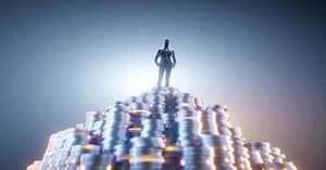 business man silhouette, standing on a lot of coins