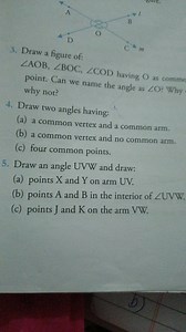 3. Draw a figure of: ∠AOB, ∠BOC, ∠COD having O as common point.... | Filo