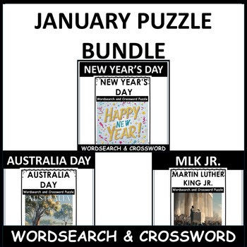 January Word Search Crossword Activity | 3 Holiday Puzzles | New Year, MLK Jr. |