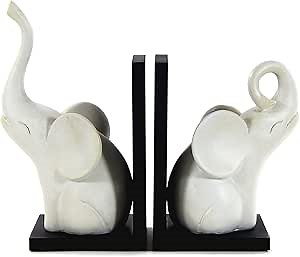 Bellaa 23057 Decorative Bookends Vintage Antiques Triumphant White Elephant Abstract Modern Minimalistic Boho Farmhouse Book Ends Shelves Living Room 9 Inch