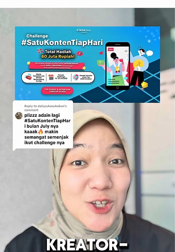 Replying to @dailysukasukabun [CEK PUSAT TUGAS MU SEKARANG DAN TEMUKAN MISI #SatuKontenTiapHari !!!] Challenge Brutal Ngonten #SatuKontenTiapHari is Back!Menangkan hadiah total 80 juta rupiah! Kapan lagi nih cuma modal live stream tiap hari, kamu berkesempatan menangin hadiah sample voucher senilai total puluhan juta rupiah. Gak cuma itu, kamu juga ga perlu worry, karena KESEMPATAN MENANG JUGA TERBUKA LEBAR karena akan ada 2000 kreator yang berkesempatan untuk menang. Yuk ga perlu nunggu rame ya