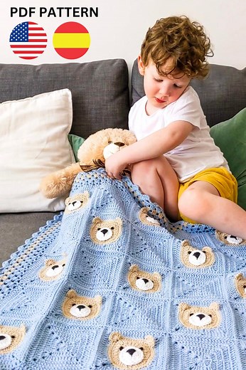 Crochet Pattern   Video Tutorial | PDF Teddy Bear Baby Blanket | Animal Granny Square - Etsy