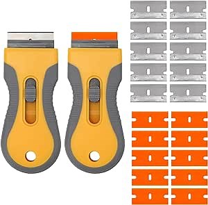 2 PCS Razor Blade Scraper, Glass Scraper Scraping Tool with 20PCS Steel & Plastic Extra Blades for Removing Stickers, Papers, Food Residue, Paint, Glue from Oven, Window (Yellow)