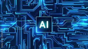 Circuit board with moving electrons and artificial intelligence AI. Data flow on a motherboard. Glowing circuit boards and electronic components. Concept of AI deep learning and AI technology. Stock Video