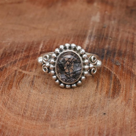 Naturlig svart rutil silverring, 925 sterlingsilverring, handgjord kristall silverring, svart rutil, rutilerad kvarts, ringstorlek 9 1/4 US - Etsy Sverige