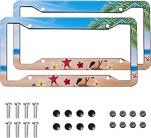 Beach Ocean License Plate Frame 2 Pack Universal US Car Plate Holder Cover Accessories Decor with Screw for Women Man 12.3 x 6.3 Inch