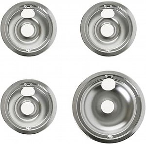 GE Stove Drip Pans | Electric Stove Burner Drip Pans | 4 Piece Set, 3-6" and 1-8" Drip Pan Kit | 119204XZ Style B Chrome Range Replacement Stove Burner Bowls