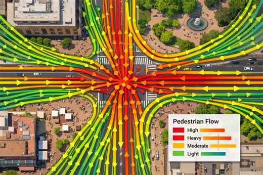 Haroon aziz on Instagram: "Pedestrian Flow Mapping – Visualizing Urban Movement This project presents a data-driven visualization of pedestrian movement at a busy urban intersection. Using directional vectors and color-coded intensity levels, it highlights how foot traffic converges, disperses, and bottlenecks throughout the space. The heat-flow representation (light to heavy) makes crowd density patterns immediately interpretable, supporting smarter decisions in urban planning, public safety, a