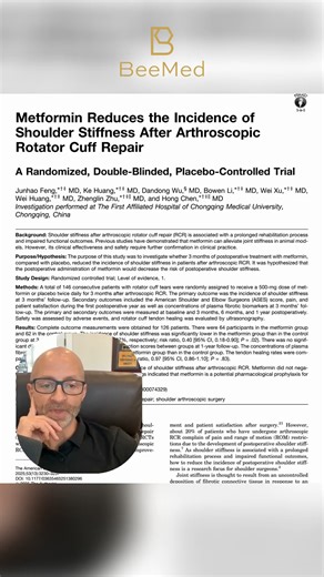 BeeMed 🐝 on Instagram: "🧠🦾 Can metformin reduce postoperative shoulder stiffness after RCR? Interesting findings discussed in Patrick Denard’s Q4 Podcast 👇 📄 New RCT: Metformin Reduces the Incidence of Shoulder Stiffness After Arthroscopic Rotator Cuff Repair (Randomized, double-blinded, placebo-controlled trial) 🔬 Study highlights: • 146 patients after arthroscopic RCR • Metformin 500 mg BID vs placebo for 3 months post-op • 🎯 Primary outcome: Shoulder stiffness at 3 months 📉 Results at