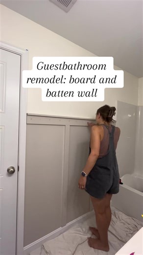 Guest bathroom remodel: board and batten wall! This is our second big project, so we are definitely learning along the way! Check out page for finished product 🥰 #fyp #refresh #falldecor #bathroom #bathroommakeover #bathroomremodel #boardandbatten #boardandbattenwall #remodelonabudget #bathroomrenovation