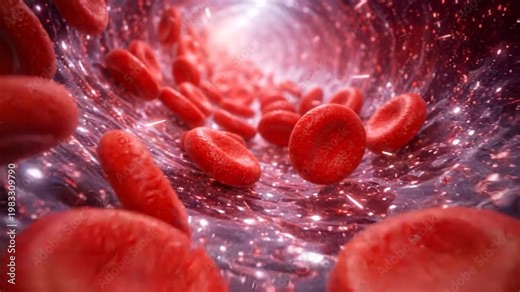 Blood flow 3d red blood cell artery vein plasma medical science biology circulation physiology hematology concept inside vessel tunnel with glowing particles showing oxygen transport and 3d depth