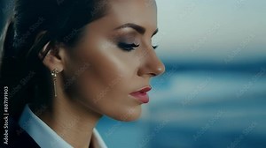 A graceful woman in a tailored suit exudes power and confidence as she looks off into the distance