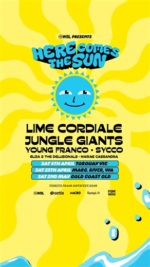 Here Comes The Sun Festival on Instagram: "Lessgoooo! 💥 We're bringing the music and good times to the surf and sunshine, joining forces with our mates @wsl alongside 3 of their World Surf League stops ☀️🏄‍♀️🎵 🌊 TORQUAY - 4 April 🌊 MARGARET RIVER - 25th April 🌊 GOLD COAST - 2nd May 🎟 TICKETS 🎟 Presale: Thu 22 Jan On sale: Fri 23 Jan ☀️☀️☀️WIN ☀️☀️☀️ Register for tickets now and be following @hctsfest to win: 🎟 2 festival tickets 🌊 2 WSL event tickets 🍔 A $200 bar + food tab ⛺️ A @goru