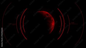 Hud display scanner engages lunar trajectory of red half moon with circular target. Motion graphic for cyber and sci-fi technology concept