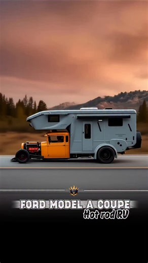 King's Campers on Instagram: "Ford | Model A Coupe RV | “Cliff Dweller” – AI digital design 1930 Ford Model A hot rod coupe fused with a modern micro-RV pod. Exposed V8 up front, slammed vintage stance and steelies, paired with a compact RV body featuring pop-top sleeping loft, warm orange canvas, side awning and cliff-edge camp presence. Inside blends old soul and new tech—dinette lounge, compact galley, wood floors, modern cockpit display and elevated bed. A rolling contradiction built for hig