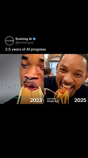 Evolving AI on Instagram: "Wild how Will Smith eating spaghetti is still the only real measure of AI progress 🤣😅 @higgsfield.ai and @klingai_official just changed the AI world with their new video + audio AI model. Crazy how far AI video has come in 2.5 years. Three years ago it wasn’t even a thing and now it looks and sounds almost perfect. Just imagine what it will look like in 2.5 years from now. What are your thoughts on this? 🤔💬"