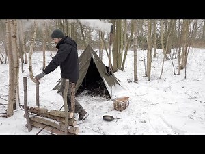 Solo Winter Camp in the Snow: Canvas Tent, Bushcraft, Woodstove, | Snowstorm Camping