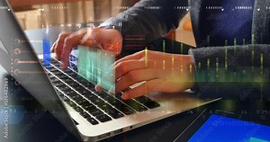 4K using laptop working.computer keyboard input closeup;financial stock chart;Business tech digital Data trend hud Graph;Financial business diagram with charts and stock numbers showing profits. Stock Video