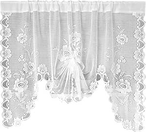 Valances for Windows Swag Curtains White Lace Curtain Short Floral Linen Semi Sheer Valance for Kitchen Half Window Bathroom Living Room Decoration Rod Pocket 2 Panels