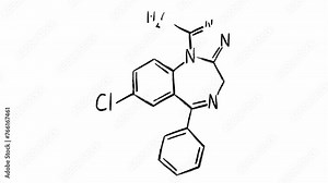 Xanax chemical formula and molecular structure set in hand drawn grunge style animation filmed against white background. Isolated footage of alprazolam compound used in management of anxiety disorders