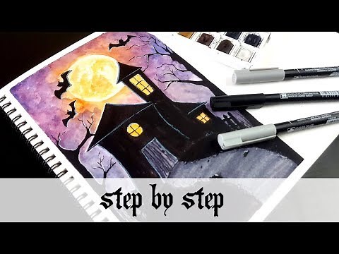 Watercolor Haunted House Painting | Step By Step