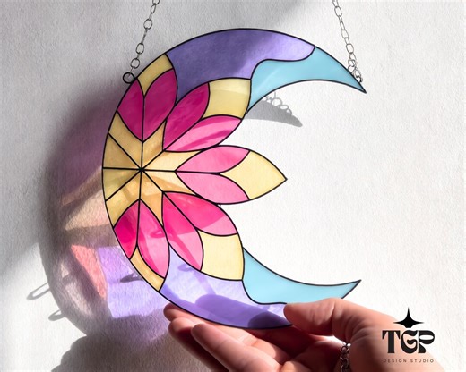 Crescent Moon Stained Glass Pattern SVG PDF PNG - Beginner Lotus Suncatcher Pattern - Etsy
